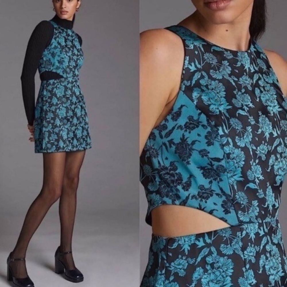 Hutch Anthropologie Floral Jacquard Cut-Out Mini Dress Teal Black
